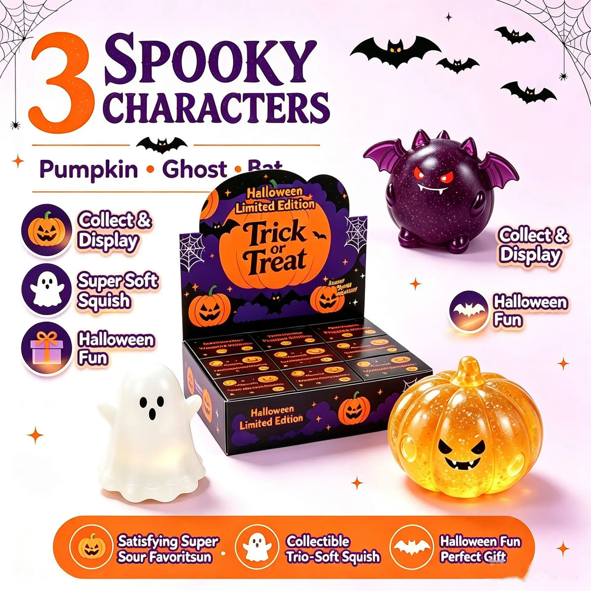 New Halloween Squishy Toy Blind Box Pumpkin Ghost Bat Slow Rising Squeeze Fidget Toy Cute Soft